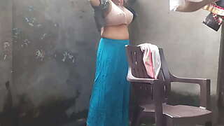 Wife bathing outdoor yard