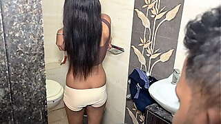 The stepsister was taking a bath and her brother was watching her secretly