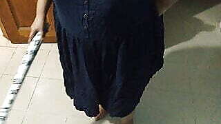 Wife fucked hard with dirty while sweeping in the room - POV