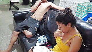 While I am looking at a magazine my stepbrother is very horny and I help him with a good blowjob and fuck