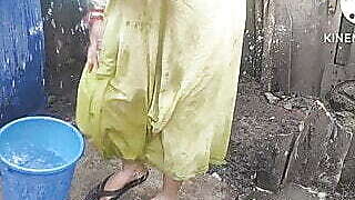 Bathing with cold water topless