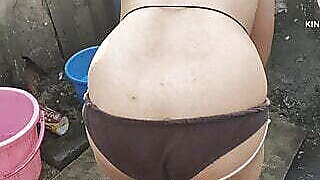 Antha yadav bathing outside with hot boobs